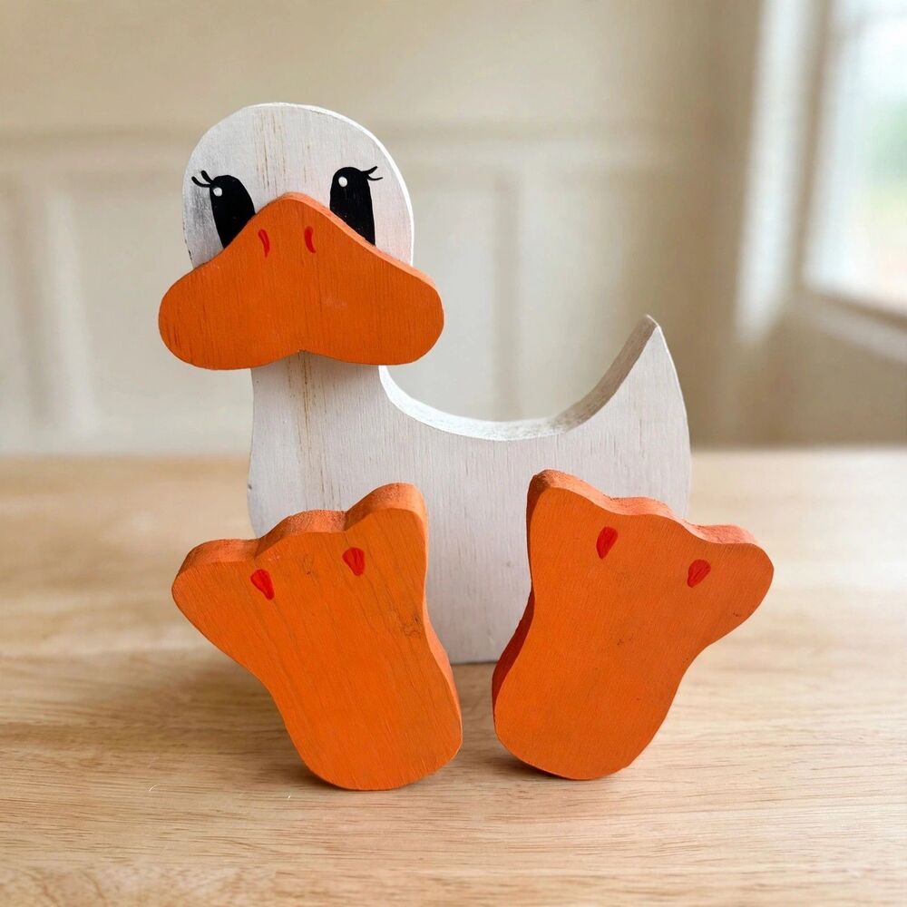 Hand Painted Wooden Duck Napkin Holder White Orange Folk Art Farmhouse Decor